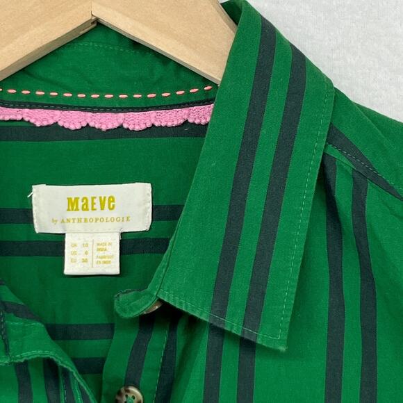 MAEVE ANTHROPOLOGIE Shirt 6 Striped Button Up Roll Tab Cottagecore Cotton Green - Picture 8 of 16